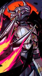 Rule 34 | armor, artist logo, black armor, black skin, blackwargreymon, blonde hair, claws, colored skin, commentary, crotch plate, digimon, dragon, fire, helmet, highres, horns, logo, looking at viewer, red hair, ridgeone, solo, spiked hair, twitter username, upper body, yellow eyes