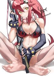 1girl absurdres asymmetrical_gloves belt bikini black_bikini black_gloves black_shorts breasts closed_mouth elbow_gloves feet fingerless_gloves full_body gloves gun hair_between_eyes hair_ornament highres holding knees_apart_feet_together large_breasts looking_at_viewer maburoku navel no_shoes pink_scarf pink_thighhighs ponytail red_hair rifle scarf shadow shorts sidelocks signature simple_background sitting skull_hair_ornament soles solo studded_belt swimsuit tengen_toppa_gurren_lagann thighhighs thighs toes twitter_username weapon white_background yoko_littner
