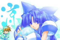 Rule 34 | 2girls, ainu clothes, artist name, blue eyes, blue hair, brown hair, fingerless gloves, gloves, hug, kageyama shinobi, konril, lips, long hair, multiple girls, nakoruru, o o, open mouth, pants, rimururu, samurai spirits, short hair, siblings, sisters, smile, snk, surprised, sweatdrop, thighs, tongue, white eyes