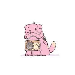 Rule 34 | ^ ^, ahoge, animal with hair, animalization, anyoji hime, ao kaeru, closed eyes, dog, facing viewer, fujishima megumi, hair ribbon, happy, highres, link! like! love live!, love live!, mira-cra park!, mouth hold, multi-tied hair, no humans, osawa rurino, ponytail, ribbon, simple background, sitting, smile, solo, stuffed animal, stuffed cat, stuffed toy, transparent bag, virtual youtuber, white background