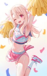 1girl absurdres armpits cheerleader fate/kaleid_liner_prisma_illya fate_(series) highres illyasviel_von_einzbern kaze_22 long_hair looking_at_viewer navel one_eye_closed open_mouth panties pink_panties pom_pom_(cheerleading) red_eyes skirt smile solo underwear