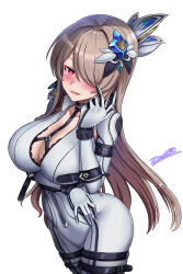 1girl :d artist_name blush bodysuit breasts brown_hair cleavage hair_ornament hair_over_one_eye highres honkai_(series) honkai_impact_3rd large_breasts long_hair mole mole_under_eye open_mouth pink_eyes rita_rossweisse signature simple_background smile solo very_long_hair vita_(bodysuit)_(honkai_impact) vita_(honkai_impact) white_background white_bodysuit zero130