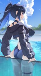 1girl absurdres ass black_jacket blue_eyes blue_hair blue_one-piece_swimsuit blue_sky breasts cloud commentary cropped_jacket day english_commentary from_behind highres hololive hololive_english holonatsu_paradise jacket large_breasts long_hair looking_at_viewer looking_back median_furrow off_shoulder official_alternate_costume one-piece_swimsuit ouro_kronii ouro_kronii_(holonatsu_paradise) outdoors partially_submerged ponytail pool shoulder_blades sideboob sky solo swimsuit thigh_strap virtual_youtuber water yubbiidraw