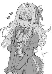 1girl bow bowtie brooch fang frilled_skirt frills genderswap genderswap_(mtf) greyscale hair_bun hair_ribbon highres jewelry kuzuha_(nijisanji) layered_sleeves long_hair long_sleeves looking_at_viewer miyamura_(bnnlq) mole mole_under_eye monochrome nijisanji pointy_ears ribbon sanya_(kuzuha) short_over_long_sleeves short_sleeves simple_background single_hair_bun skin_fang skirt solo virtual_youtuber white_background