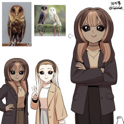 2girls :&gt; absurdres artist_name artist_self-insert barn_owl barn_owl_(gegegekman) belt bird black_sclera brown_eyes brown_hair collared_jacket colored_sclera creature_and_personification crossed_arms dark-skinned_female dark_skin gegegekman gradient_hair hair_between_eyes hair_pulled_back hairband hand_on_own_hip highres jacket jewelry long_hair looking_at_viewer multicolored_hair multiple_girls multiple_views necklace open_clothes open_jacket original owl owl_girl personification photo_inset reference_inset signature skirt solo_focus sweater turtleneck turtleneck_sweater two-tone_hair v v-shaped_eyebrows white_background white_hair