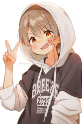 1boy arm_up black_shirt blush child commentary_request dated dot_nose facial_mark far_tarooo grey_hair hair_between_eyes highres hood hood_up hoodie layered_clothes layered_sleeves long_sleeves looking_at_viewer male_focus open_mouth orange_eyes original parted_bangs print_shirt rotto_(far_tarooo) shirt short_hair short_over_long_sleeves short_sleeves simple_background smile solo v v-neck white_background white_hoodie