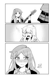 2girls absurdres animal_ears bang_dream! bang_dream!_it&#039;s_mygo!!!!! bass_guitar blush chihaya_anon closed_eyes closed_mouth commentary fang greyscale haneoka_school_uniform highres implied_yuri instrument long_hair long_sleeves masruu monochrome multiple_girls nagasaki_soyo open_mouth school_uniform sidelocks skin_fang spoken_blush tsukinomori_school_uniform