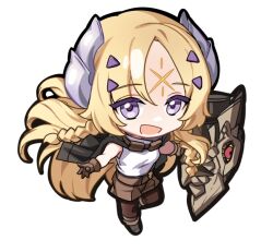 1girl blonde_hair chibi commentary duel_monster ebi_bento ecclesia_(yu-gi-oh!) facial_mark forehead_mark incredible_ecclesia_the_virtuous long_hair purple_eyes shirt simple_background smile solo white_background white_shirt yu-gi-oh!