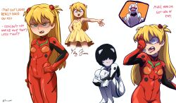 1boy 2girls absurdres ayanami_rei ayanami_rei_(cosplay) black_hair blonde_hair blue_eyes blush bodysuit breasts commentary cosplay cum cum_on_body dress english_commentary english_text facial feliz_jueves_(meme) hair_between_eyes hairpods highres legs lincoln_loud lola_loud loli long_hair lucy_loud mecha_pilot_suit meme missing_tooth mr_snowkell multiple_girls neon_genesis_evangelion plugsuit_(evangelion) short_hair small_breasts smile souryuu_asuka_langley souryuu_asuka_langley_(cosplay) spanish_text standing the_loud_house thighs yellow_dress