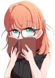 Rule 34 | 1girl, absurdres, aqua eyes, bare shoulders, black-framed eyewear, black shirt, book, collared shirt, commentary, frilled shirt, frills, glasses, hair ornament, highres, hinoshita kaho, hinoshita kaho (ishikawa prefectural library), holding, holding book, kametora (kametora02), link! like! love live!, looking at viewer, love live!, medium hair, official alternate costume, open book, orange hair, rabbit hair ornament, shirt, simple background, sleeveless, sleeveless shirt, solo, two side up, upper body, virtual youtuber, white background