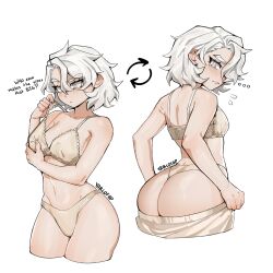 ... 1girl alohapz ass blush bra breasts closed_mouth collarbone commentary cropped_legs earrings highres jewelry multiple_views navel original oversized_breast_cup oversized_clothes panties pants russian_commentary short_hair simple_background small_breasts undersized_clothes underwear white_background white_eyes white_hair yellow_bra yellow_panties yellow_pants