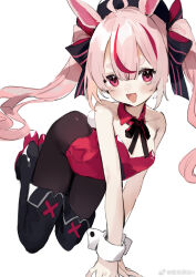 1girl animal_ears bare_arms bare_shoulders beret black_bow black_hat black_pantyhose black_thighhighs blunt_bangs bow breasts character_request chinese_commentary cleavage collar collarbone commentary_request copyright_request detached_collar dot_nose eyelashes flat_chest full_body hair_between_eyes hair_bow happy hat highres jumping layered_legwear leotard light_blush long_hair loose_hair_strand multicolored_hair open_mouth pantyhose pink_eyes pink_hair playboy_bunny rabbit_ears rabbit_tail red_collar red_hair red_leotard red_shoes sh_(shinh) shoes simple_background small_breasts smile solo strapless strapless_leotard streaked_hair striped_bow tail thick_eyebrows thighhighs twintails two-tone_hair watermark wavy_hair weibo_watermark white_background white_wrist_cuffs wrist_cuffs