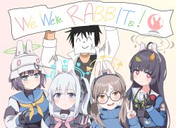 1boy 4girls blue_archive blue_eyes blue_halo bow english_text glass glasses gloves green_halo grey_halo halo kasue leaf miyako_(blue_archive) miyu_(blue_archive) moe_(blue_archive) multiple_girls orange_eyes red_eyes saki_(blue_archive) sensei_(blue_archive) white_hair yellow_halo