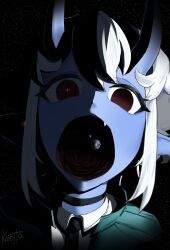 1girl absurdres black_choker blue_horns blue_oni blue_skin choker colored_skin earth_(planet) fang fantastic_four giant giantess highres horns kirigayawin looking_at_viewer mars_(planet) marvel moon oni open_mouth planet pointy_ears red_eyes short_hair sidelocks solo soukaku_(zenless_zone_zero) space white_hair zenless_zone_zero