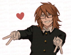 1boy black_eyes black_jacket brown_hair commentary_request double_v glasses gloves grin gyaru_v harunoseki0414 heart jacket looking_at_viewer medium_hair randal&#039;s_friends randal_ivory smile solo upper_body v white_background