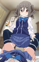2girls absurdres amamiya_satsuki_(mono) blurry blurry_background blush camera collared_shirt drill_hair female_pov from_below grey_hair hair_between_eyes hair_ribbon hand_on_another&#039;s_thigh highres holding holding_camera indoors kiriyama_an leg_lock long_sleeves looking_at_viewer lying mono_(afro) multiple_girls neck_ribbon on_back panties panties_around_leg pleated_skirt pov red_eyes ribbon school_uniform shirt skirt smile soha_(sirohase) sweater_vest thick_eyebrows thighhighs twin_drills twintails underwear white_shirt yuri