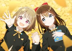 Rule 34 | 2girls, :d, absurdres, autumn leaves, black jacket, blue eyes, blurry, blurry foreground, book, bow, brown hair, closed mouth, collared shirt, commentary, hair between eyes, hair bow, highres, holding, holding book, holding hands, hugging book, hugging object, interlocked fingers, jacket, leaf, long hair, long sleeves, looking at viewer, love live!, love live! nijigasaki high school idol club, lying, multiple girls, nakasu kasumi, neck ribbon, nijigasaki school uniform, on back, open mouth, osaka shizuku, outstretched arm, outstretched hand, purple eyes, red bow, ribbon, school uniform, shirt, short hair, sidelocks, smile, winter uniform, yatogame765, yellow background, yuri