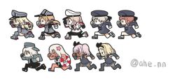 Rule 34 | ahenn, bismarck (kancolle), blonde hair, blue dress, brown eyes, chibi, comandante cappellini (kancolle), dress, full body, graf zeppelin (kancolle), grey dress, hat, i-503 (kancolle), i-504 (kancolle), kantai collection, long hair, luigi torelli (kancolle), military uniform, peaked cap, prinz eugen (kancolle), ro-500 (kancolle), running, short hair, simple background, twitter username, u-511 (kancolle), white background, z1 leberecht maass (kancolle), z3 max schultz (kancolle)