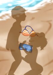 1boy 1girl absurdres beach bikini bikini_top_only blush completely_nude day dressed_shadow_(meme) erection female_pov highres implied_nudity love_live! love_live!_nijigasaki_high_school_idol_club miyashita_ai nude ocean official_alternate_costume orange_bikini outdoors penis penis_grab pov sand shadow signature standing striped_bikini striped_bikini_top striped_clothes swimsuit testicles unworn_bikini unworn_clothes veins veiny_penis water