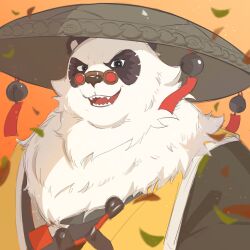 1boy absurdres animal_ears bara bell black_fur chinese_clothes commentary english_commentary fangs furry furry_male highres jingjolovetiger jingle_bell leaf looking_at_viewer male_focus multicolored_fur open_mouth pan_yinhu panda_boy panda_ears plump round_eyewear shirt smile white_fur wok yellow_shirt zenless_zone_zero