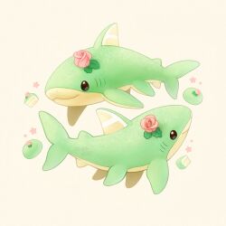 animal animal_focus black_eyes cake closed_mouth flower food food-themed_creature ida_(floofyfluff) no_humans original pink_flower pink_rose rose shark watermark