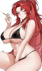 1girl absurdres bare_shoulders bikini black_bikini blush breasts cigarette cleavage closed_mouth collarbone commentary_request gebura_(project_moon) grey_eyes hand_between_thighs hand_up heterochromia highres holding holding_cigarette huge_breasts library_of_ruina lobotomy_corporation long_hair looking_at_viewer navel parted_bangs project_moon red_hair scar scar_across_eye scar_on_face sidelocks simple_background solo stomach string_bikini swimsuit thighs very_long_hair vvernerluniq white_background yellow_eyes