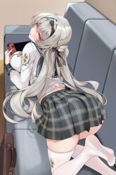 Rule 34 | 1girl, bag, blue pupils, blush, breasts, brown bag, brown hairband, brown ribbon, commentary request, couch, firefly (honkai: star rail), firefly (spring missive) (honkai: star rail), from behind, gradient eyes, grey hair, grey sailor collar, grey skirt, hair between eyes, hair intakes, hair ornament, hair ribbon, hairband, handbag, highres, honkai: star rail, honkai (series), large breasts, long sleeves, lying, matrix16, miniskirt, multicolored eyes, nintendo switch, on couch, on stomach, open mouth, plaid clothes, plaid skirt, pleated skirt, ribbon, sailor collar, school uniform, see-through clothes, see-through legwear, serafuku, skirt, smile, solo, thighhighs, white sleeves, white thighhighs