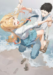 1boy 1girl absurdres barefoot beach black_hair blonde_hair blue_necktie blue_skirt bracelet cheese_kang closed_eyes collared_shirt commentary feet gojou_wakana happy highres jewelry kitagawa_marin legs long_hair nail_polish necktie ocean on_swing open_mouth pants scared shirt shoes short_hair skirt sleeves_rolled_up smile sono_bisque_doll_wa_koi_wo_suru standing standing_on_swing swing swinging teeth toenail_polish toenails toes unworn_shoes white_shirt