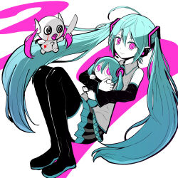 3girls ? aimaina aqua_hair black_shoes black_skirt black_sleeves blood boots closed_mouth collared_shirt colored_skin detached_sleeves doushite-chan full_body grey_shirt hair_between_eyes hashtag-only_commentary hatsune_miku headset highres holding holding_knife knife long_hair long_sleeves miku_day multiple_girls no_mouth open_mouth pink_eyes pink_hair pinocchio-p pleated_skirt shirt shoes skirt sleeveless sleeveless_shirt smile solo thigh_boots twintails very_long_hair vocaloid white_background white_skin