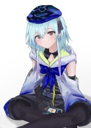 Rule 34 | 1boy, absurdres, arknights, bare shoulders, black gloves, black hat, black pantyhose, blue hair, brown eyes, closed mouth, commentary, covered collarbone, elbow gloves, gloves, gradient hair, hair between eyes, handheld game console, hat, highres, light smile, male focus, mizuki (arknights), multicolored hair, mumu millhayes, neckerchief, pantyhose, pink hair, purple hat, purple neckerchief, short hair with long locks, simple background, sitting, solo, streaked hair, white background