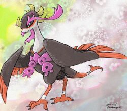 bird closed_mouth commentary_request dated fezandipiti floral_background highres kurakimikage327 looking_at_viewer nintendo no_humans pokemon pokemon_(creature) smile solo standing twitter_username walking watermark