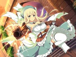 1girl apron arm_cannon arm_mounted_weapon bare_shoulders belt belt_pouch beret black_bow blonde_hair blunt_bangs blush bow bow_(weapon) breasts brown_belt brown_footwear cleavage cloud crossbow detached_collar dress evening firing frilled_thighhighs frills gloves green_eyes green_hat hair_ornament hairclip handle hat hat_bow ivy large_breasts light_particles long_hair looking_at_viewer official_art pouch ribbon_trim senran_kagura senran_kagura_new_link senran_kagura_shoujo-tachi_no_shin&#039;ei shiny_skin sky smile solo sparkle stairs standing standing_on_one_leg thighhighs waist_bow weapon white_gloves white_thighhighs yaegashi_nan yomi_(senran_kagura)