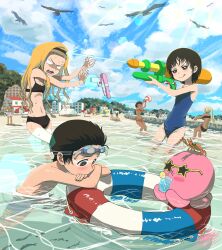 azuma_naoki beach bikini black_bikini black_hair blonde_hair blue_sky crab creature fukahire_engine heart heart-shaped_eyes highres holding holding_water_gun kirarazaka_marina kuze_shizuka loli multiple_boys multiple_girls school_swimsuit shota sky swimsuit takopii takopii_no_genzai topless_male water water_gun