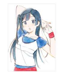 1girl :o artbook black_hair blush collarbone grey_eyes highres long_hair looking_at_viewer love_live! love_live!_nijigasaki_high_school_idol_club neo_sky_neo_map!_(love_live!) non-web_source official_art one_side_up shirt short_sleeves simple_background solo upper_body white_background wristband yuki_setsuna
