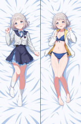 1girl bare_legs barefoot bed_sheet bikini blue_bikini blue_eyes blue_ribbon blue_skirt blush braid breasts cleavage commentary_request dakimakura_(medium) embarrassed front-tie_bikini_top front-tie_top gakuen_idolmaster grey_hair hair_ribbon hatsuboshi_gakuen_school_uniform highres idolmaster jacket jacket_over_swimsuit katsuragi_lilja kimi_to_semi_blue_(idolmaster) lying multiple_views navel neck_ribbon pleated_skirt ribbon ribbon_braid rocktaso_co_ltd school_uniform shirt short_hair skirt socks swimsuit two-sided_fabric two-sided_jacket white_jacket white_shirt white_socks