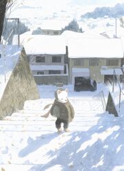 1boy bag black_pants boots building chain-link_fence child covered_face dog_mask fence green_jacket highres holding holding_bag jacket kusamie male_focus mask motor_vehicle original outdoors pants power_lines scarf scenery snow snowing solo stairs tree van winter winter_clothes