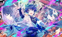 3boys absurdres ahoge anemo_symbol_(genshin_impact) arm_at_side arm_up armor belt black_belt black_bodysuit black_bow black_hair black_hat black_kimono black_shorts black_sleeves black_veil blue_cape blue_fire blue_gemstone blue_kimono blunt_ends bodysuit bow cape closed_eyes doll eyelashes eyeliner eyeshadow facing_to_the_side fingernails fire frilled_sleeves frills furisode gem genshin_impact gold gold_mask gold_ring hakama hakama_shorts hand_over_another&#039;s_eyes hand_up hat highres hip_vent holding holding_doll japanese_armor japanese_clothes jewelry jingasa juban kariginu kimono kote kurokote layered_sleeves looking_at_object looking_up makeup mandarin_collar mask_on_hat middle_ring multiple_boys multiple_persona neck_ring parted_lips pink_fire pleated_shorts purple_rope purple_sash purple_sleeves red_eyeliner red_eyeshadow red_hat red_kimono rope sash scaramouche_(genshin_impact) scaramouche_(kabukimono)_(genshin_impact) short_sleeves shorts smirk string sumi_noth tassel two-tone_hat veil vision_(genshin_impact) wanderer_(genshin_impact) white_kimono white_mouth white_sleeves white_trim wide-eyed wispy_bangs