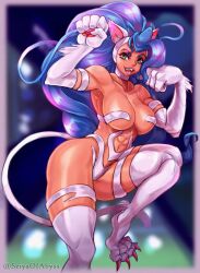 1girl abs animal_ears animal_hands blue_hair breasts cat_ears cat_tail darkstalkers felicia_(darkstalkers) green_eyes highres large_breasts long_hair looking_at_viewer muscular muscular_arms muscular_female muscular_legs seiyaofabyss standing standing_on_one_leg tail teeth thick_thighs thighs very_long_hair