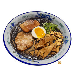 bowl commentary_request dragon_print egg egg_(food) food food_focus meat no_humans noodles original realistic simple_background softboiled_egg soup spring_onion still_life studiolg symbol-only_commentary vegetable white_background