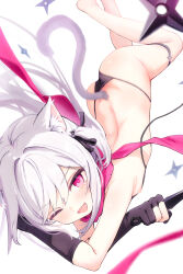 Rule 34 | 1girl, ;d, absurdres, animal ears, bikini, black bikini, black gloves, breasts, cat ears, cat girl, cat tail, fang, gloves, h.yasai, highres, holding, holding kunai, holding weapon, kunai, long hair, looking at viewer, ninja, one eye closed, open mouth, original, partially fingerless gloves, pink eyes, pink scarf, scarf, shuriken, simple background, small breasts, smile, string bikini, swimsuit, tail, thigh strap, untied bikini top, weapon, white background, white hair