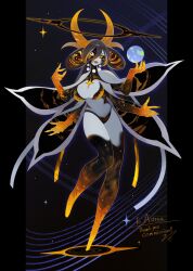 1girl black_halo black_hole black_sclera blue_background breasts brown_hair colored_sclera colored_skin commission earth_(planet) extra_arms extra_eyes fangs fingernails full_body giant giantess grey_hair grey_skin halo heterochromia highres horns large_breasts long_hair looking_at_viewer mismatched_sclera monster_girl no_feet orange_eyes orange_sclera original pillarboxed planet ruteko_(ruko220) sharp_fingernails skeb_commission skin_fangs solo standing standing_on_one_leg very_long_hair white_eyes