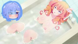 2girls agatsuma_makina android animated anime_screenshot bathroom bathtub blue_eyes blue_hair blush breasts collarbone completely_nude gradient_hair hair_over_one_eye hair_ribbon highres imose_mimika kakushite!_makina-san!! large_breasts multicolored_hair multiple_girls navel nipples nude orange_hair partially_submerged pink_hair purple_eyes red_hair ribbon robot_girl short_hair sound stomach tagme thighs twintails video water white_ribbon wide_hips
