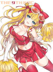 Rule 34 | 1girl, beatmania iidx, bemani, blonde hair, blue eyes, blush, bow, breasts, buttons, cheerleader, cleavage, collarbone, collared shirt, commentary request, crop top, double-breasted, elbow gloves, eyewear on head, gloves, hair bow, highres, himmel (beatmania), holding, holding pom poms, long hair, looking at viewer, medium breasts, midriff, mutsutake, navel, open mouth, orange-tinted eyewear, pleated skirt, pom pom (cheerleading), pom poms, red bow, red shirt, red skirt, red thighhighs, shirt, simple background, skirt, smile, solo, teeth, thighhighs, tinted eyewear, upper teeth only, white-framed eyewear, white background, white gloves