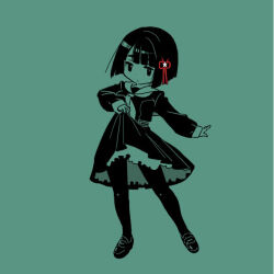 1girl blunt_bangs blunt_ends bob_cut closed_mouth commentary_request dress flat_color flower flower_knot full_body green_theme hair_flower hair_ornament hasu_no_sora_school_uniform high_contrast link!_like!_love_live! loafers long_sleeves love_live! medium_dress momose_ginko monochrome neckerchief pantyhose sailor_collar sailor_dress school_uniform shinanoya_(satanicad) shoes short_hair skirt_hold solo spot_color standing virtual_youtuber white_flower winter_uniform
