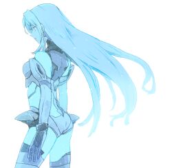 1girl blue_hair character_request closed_mouth copyright_request earrings floating_hair gloves grey_panties jewelry limited_palette long_hair michibata_65 panties profile red_eyes sketch solo straight_hair underwear very_long_hair white_background