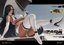 1girl absurdres alpha_90nist black_hair black_panties breasts car dark_skin elbow_gloves english_text gloves hair_over_one_eye heart_pasties high_heels highres holding holding_umbrella huge_breasts long_hair looking_at_viewer mole mole_under_mouth motor_vehicle on_car panties pasties purple_eyes race_queen solo tatakau_ni_atai_suru thighhighs thighs umbrella underboob underwear very_long_hair white_gloves white_thighhighs zara_moussa