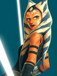 1girl 5health absurdres ahsoka_tano alien bare_shoulders blue_background blue_eyes blue_vest colored_skin dual_wielding energy_sword gloves highres holding holding_sword holding_weapon lekku_(anatomy) lightsaber orange_skin simple_background sleeveless solo star_wars sword togruta upper_body vest weapon white_lightsaber