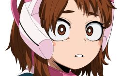 1girl bodysuit boku_no_hero_academia brown_eyes brown_hair close-up headset highres looking_at_viewer parted_lips pink_trim quelcom short_hair solo teeth uraraka_ochaco white_background