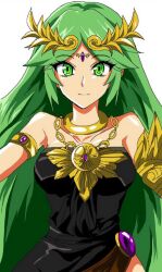 Rule 34 | 1girl, alternate color, anru (a-alsace-a), chain, circlet, collarbone, gold chain, green eyes, green hair, highres, jewelry, kid icarus, kid icarus uprising, looking at viewer, nintendo, palutena, pendant, solo, super smash bros., white background