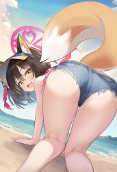 Rule 34 | 1girl, all fours, animal ears, ass, ass focus, beach, blue archive, brown hair, commentary request, day, denim, denim shorts, fang, fox ears, fox girl, fox tail, from behind, grey shorts, halo, highres, izuna (blue archive), izuna (swimsuit) (blue archive), kneepits, looking at viewer, looking back, ocean, official alternate costume, open mouth, outdoors, pink halo, rope, shimenawa, short shorts, shorts, skin fang, smile, solo, sorozukin, tail, visor cap, yellow eyes